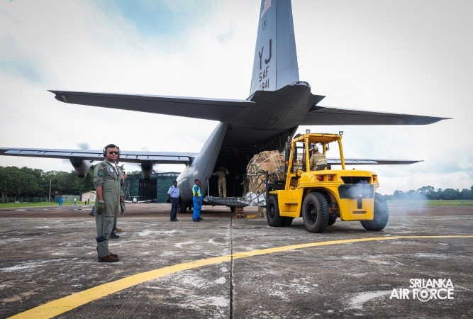 DISASTER RELIEF CONSIGNMENT ARRIVES AT SLAF BASE ANURADHAPURA WITH US AND UNOPS SUPPORT